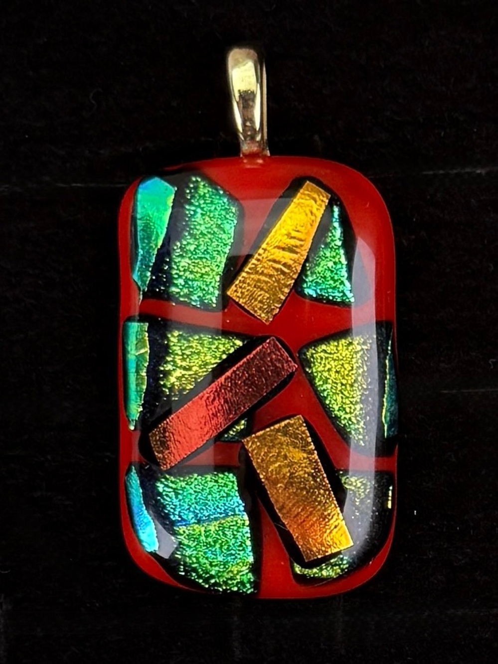 Vintage Dichroic Art Glass Pendant Red Gold Iridescent Statement Charm